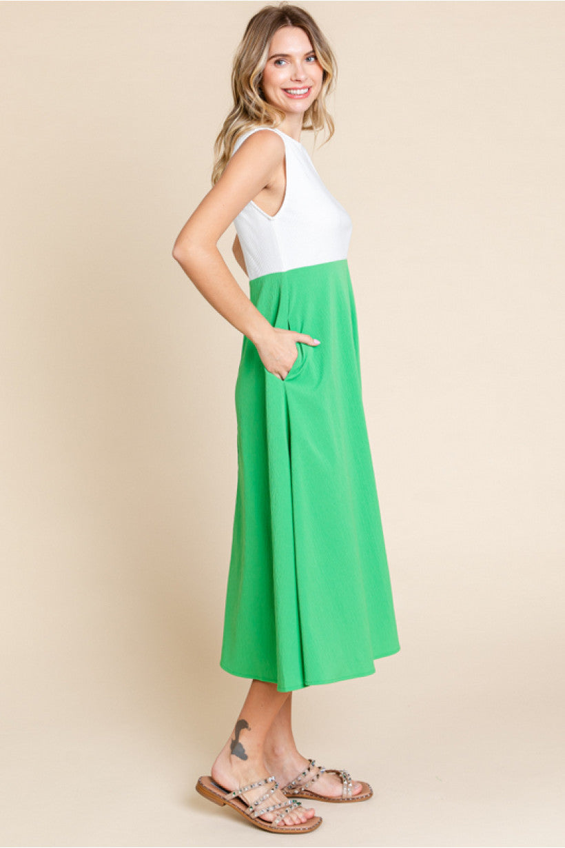 Green & White A Line Midi Dress