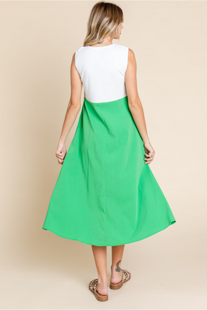 Green & White A Line Midi Dress
