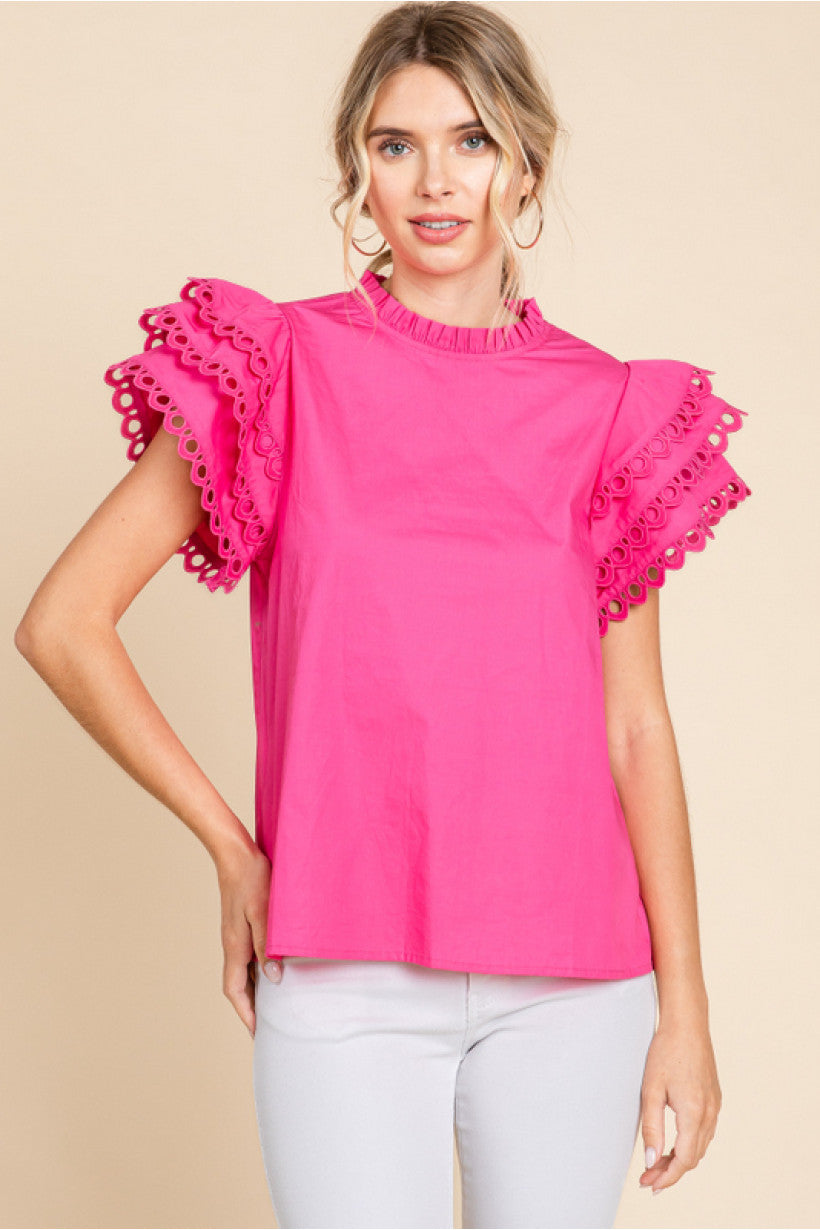 Eyelet Flutter Sleeve Solid Top