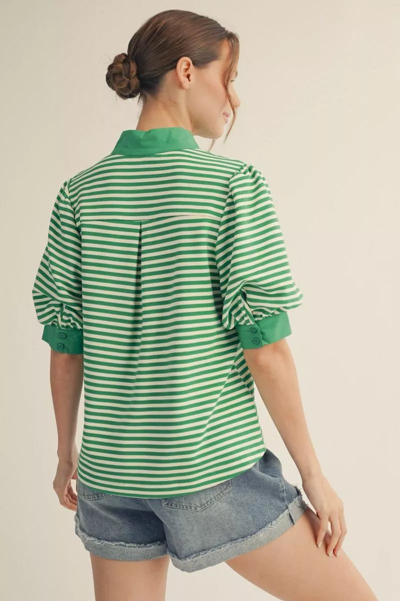 Kelly Green Striped Pleated Back Top