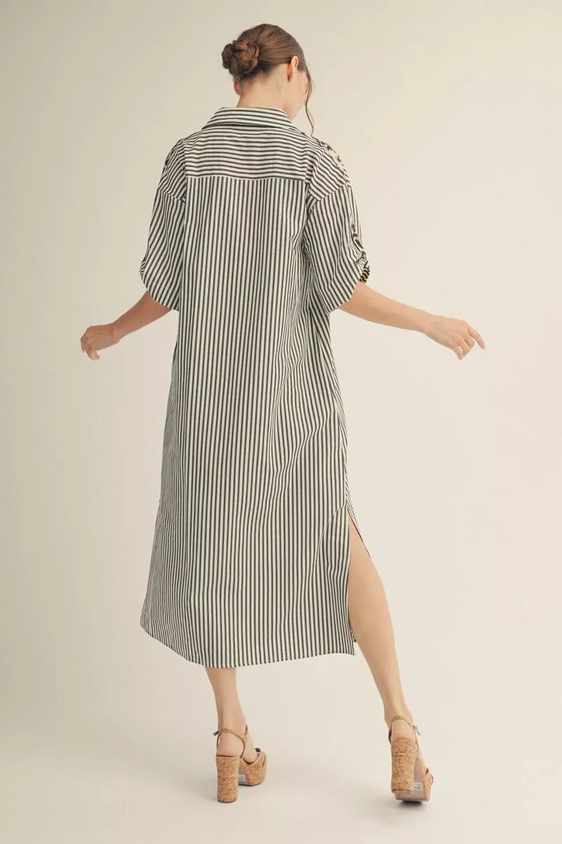 Striped Leopard Contrast Sleeve Midi Dress