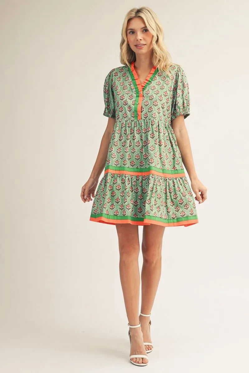 Tiered Orange & Green Floral Dress