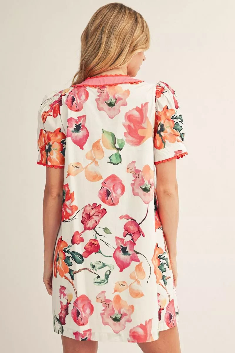 Button Down Floral Scallop Trim Dress