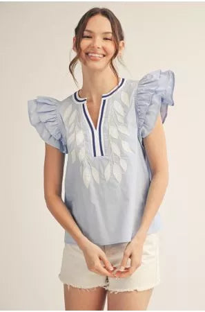 Blue Embroidered Statement Trim Top