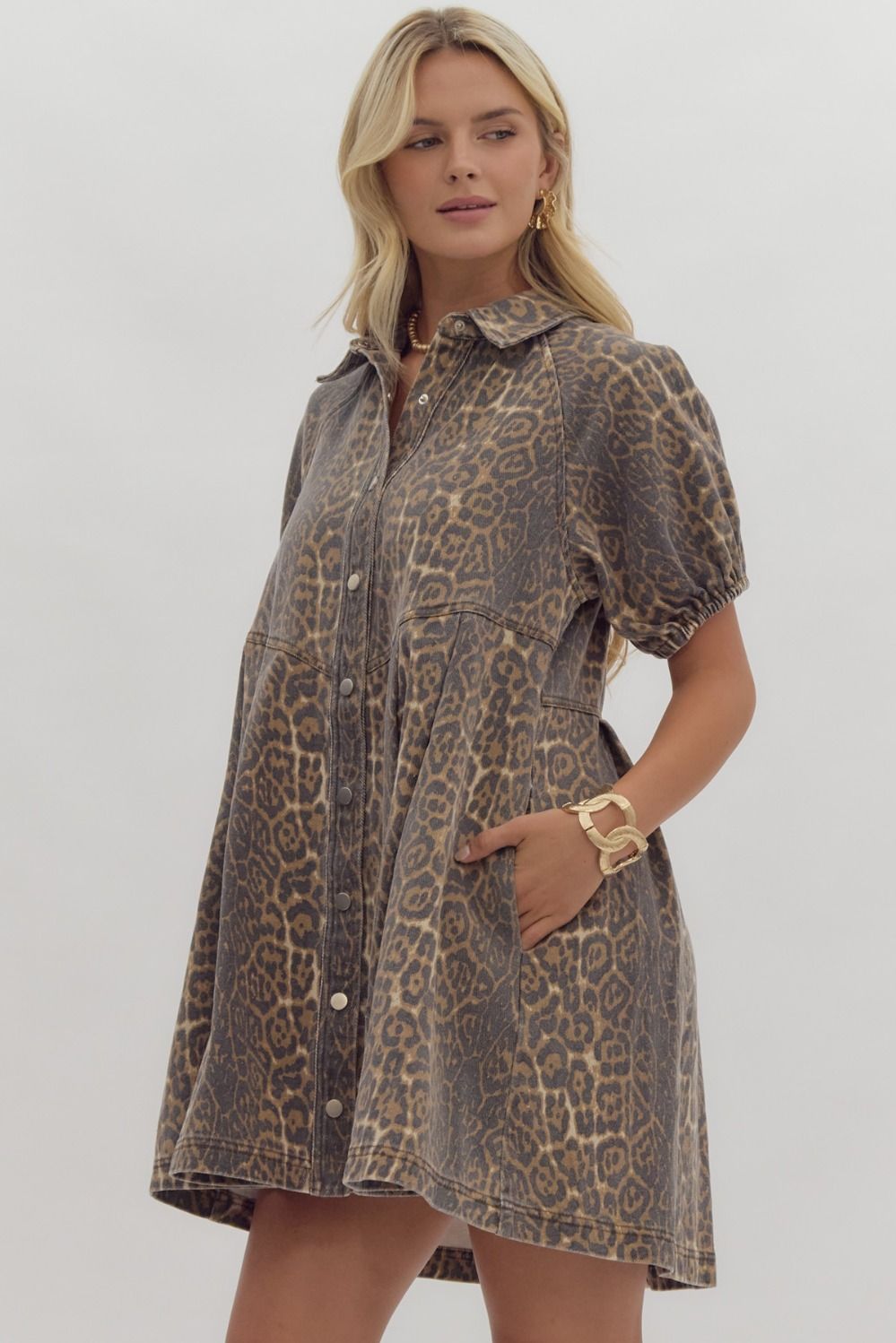 Denim Cheetah Button Down Dress