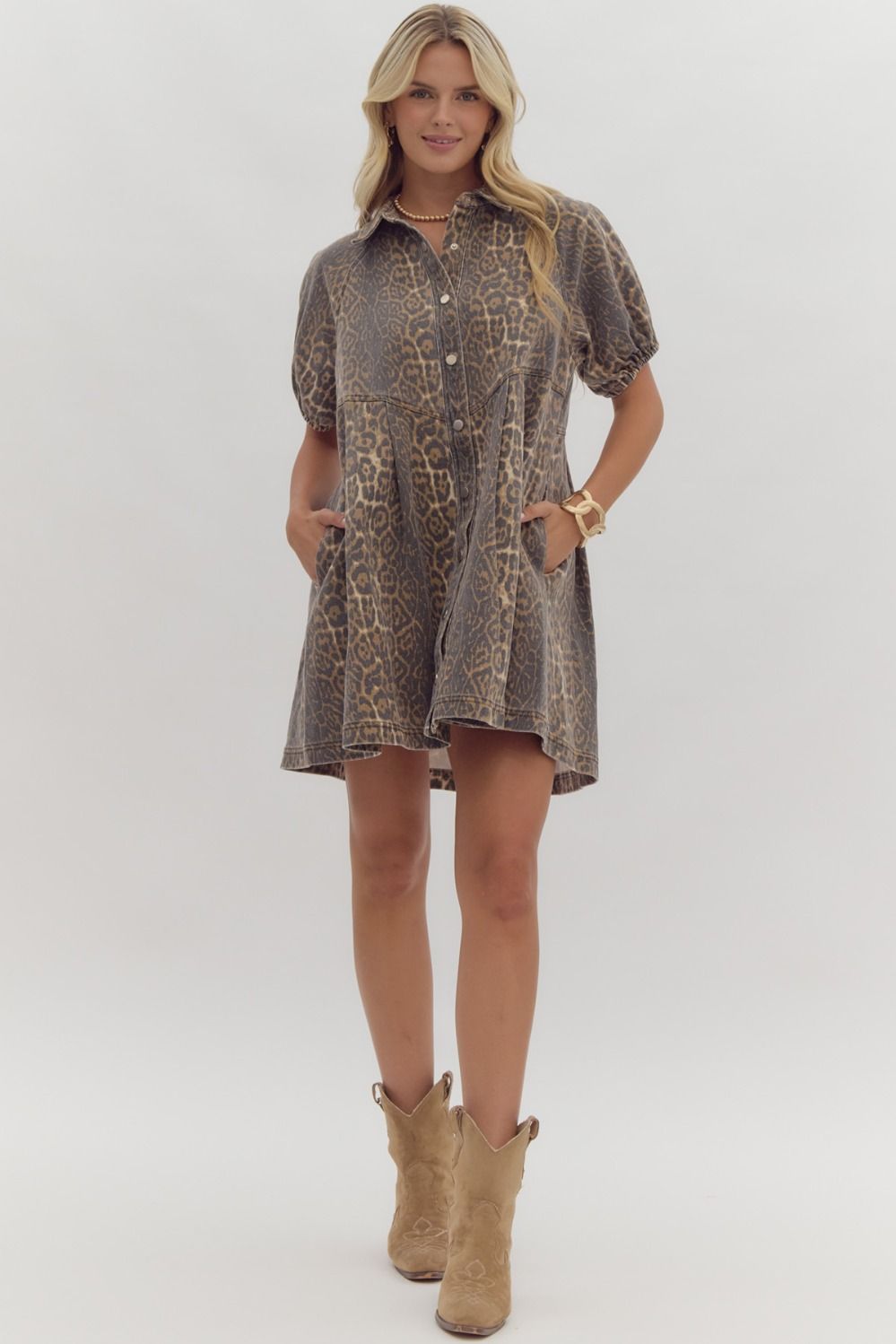 Denim Cheetah Button Down Dress