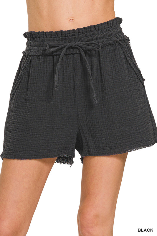 Black Gauze Drawstring Shorts