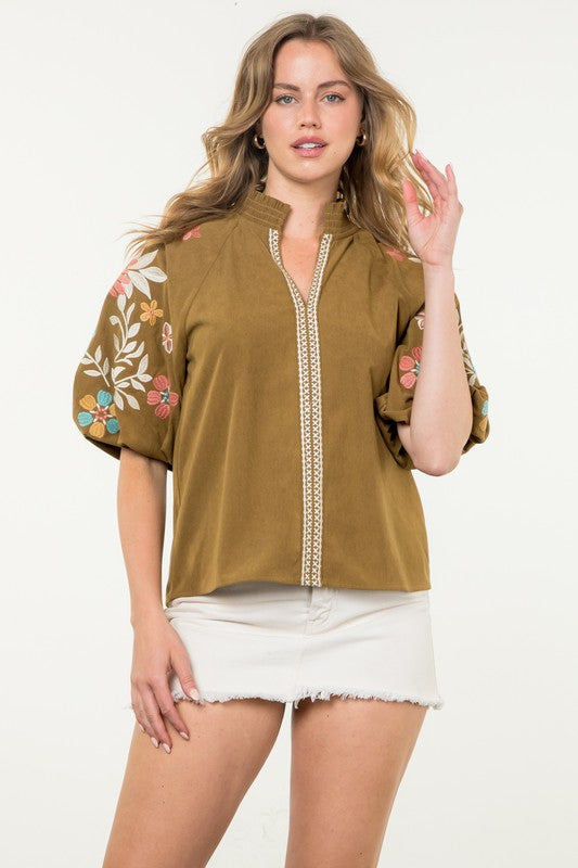 Embroidered Flower Olive Top