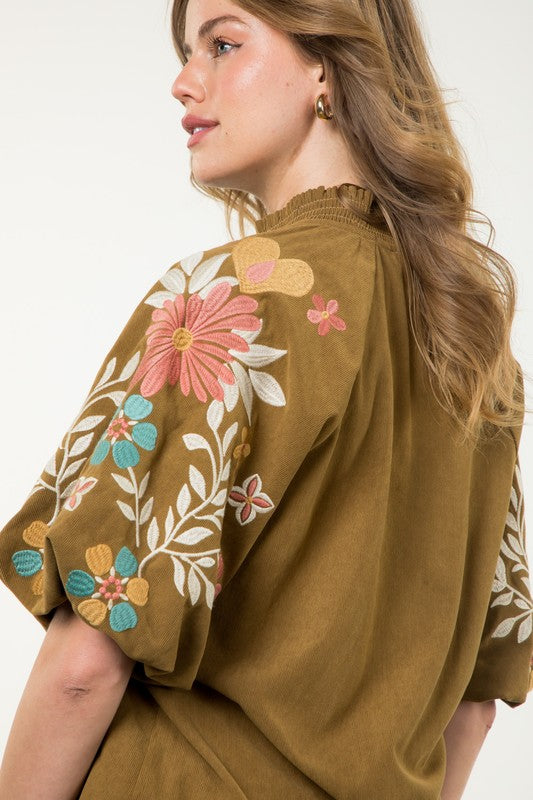 Embroidered Flower Olive Top