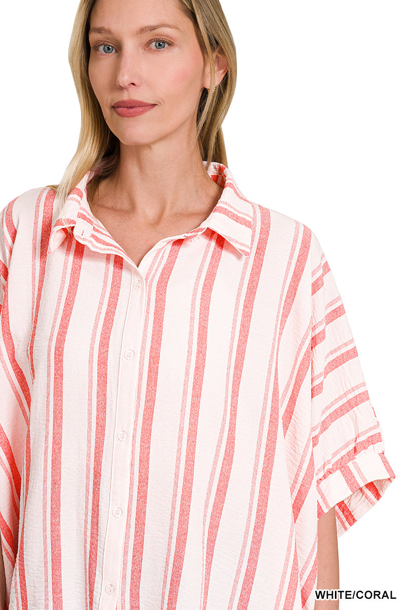Woven Oversized Coral Button Down Shirt