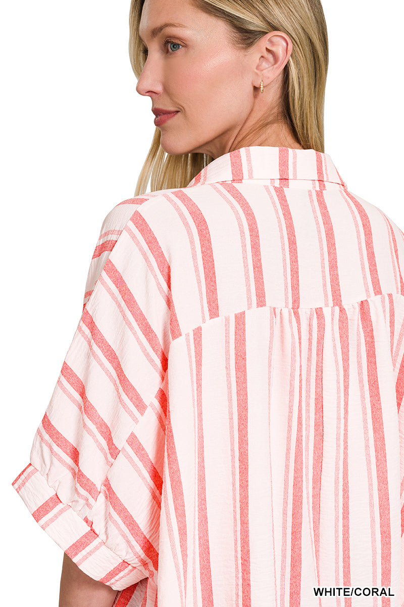 Woven Oversized Coral Button Down Shirt