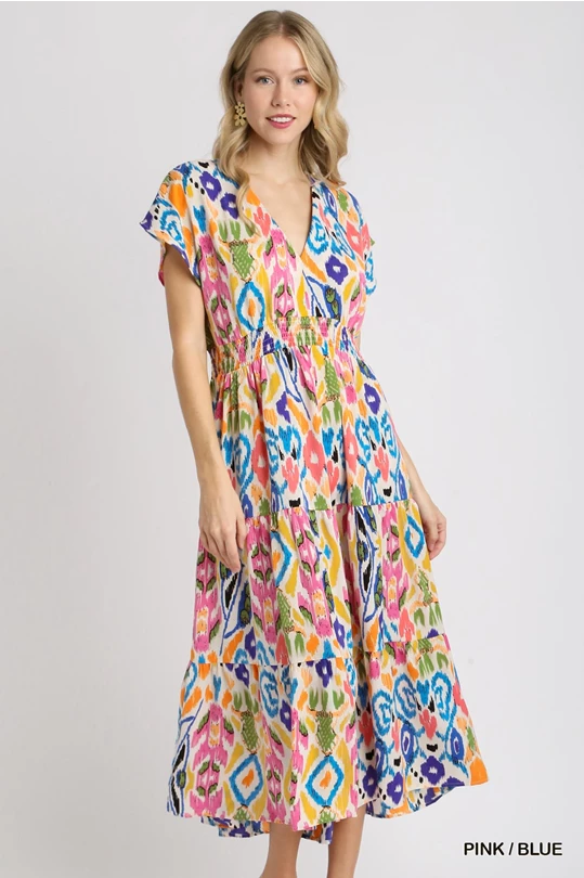 Smocked Waist Abstract Midi Dress