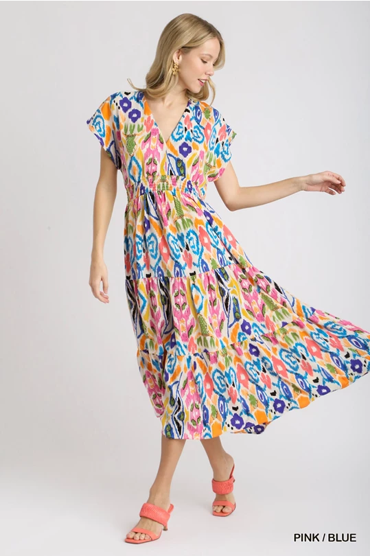 Smocked Waist Abstract Midi Dress