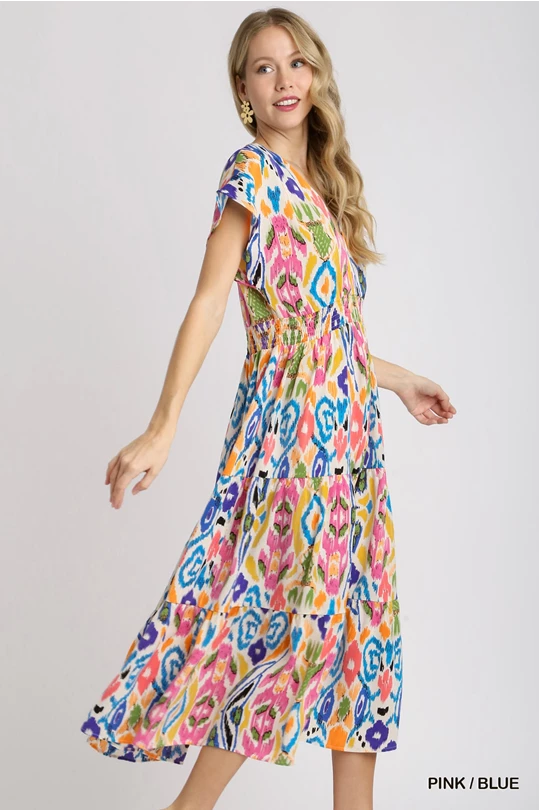 Smocked Waist Abstract Midi Dress