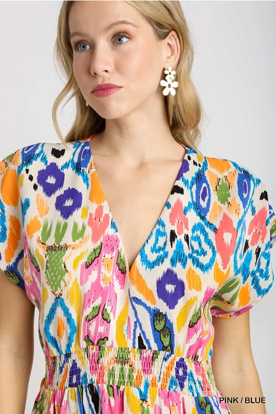 Smocked Waist Abstract Midi Dress