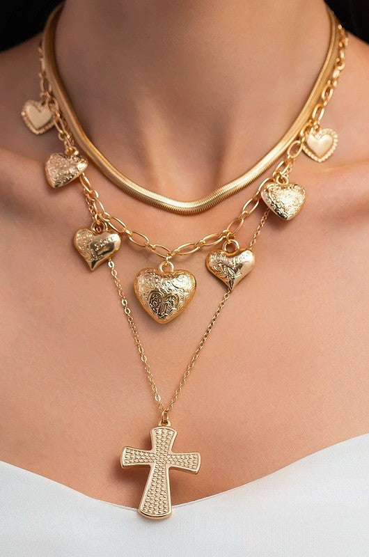 Multi Layer Heart & Cross Charm Necklace