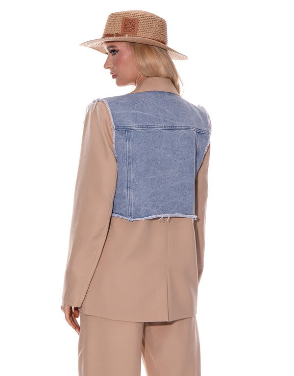 Denim Taupe Mixed Media Blazer