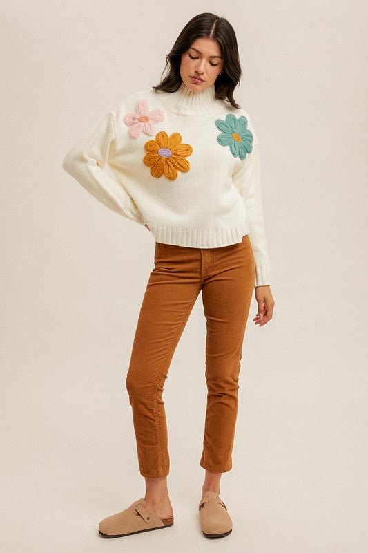 Floral Motif Cropped Turtle Sweater