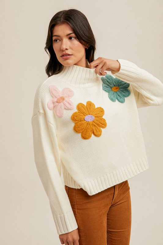Floral Motif Cropped Turtle Sweater
