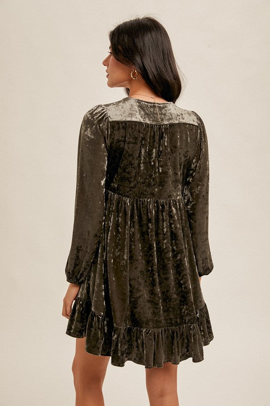 Olive Crushed Velvet Babydoll Dress
