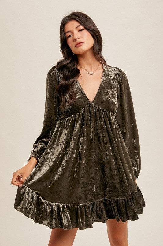 Olive Crushed Velvet Babydoll Dress