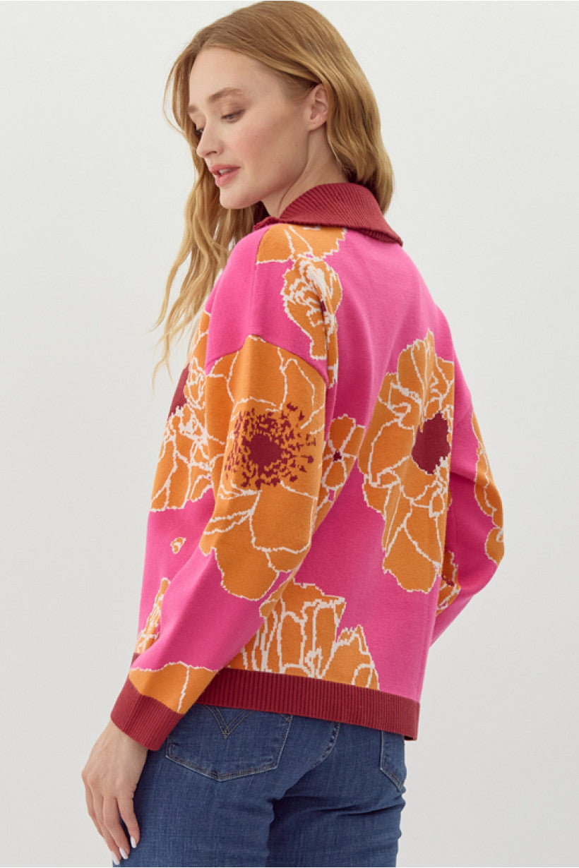 Hot Pink Floral Half Zip Pullover