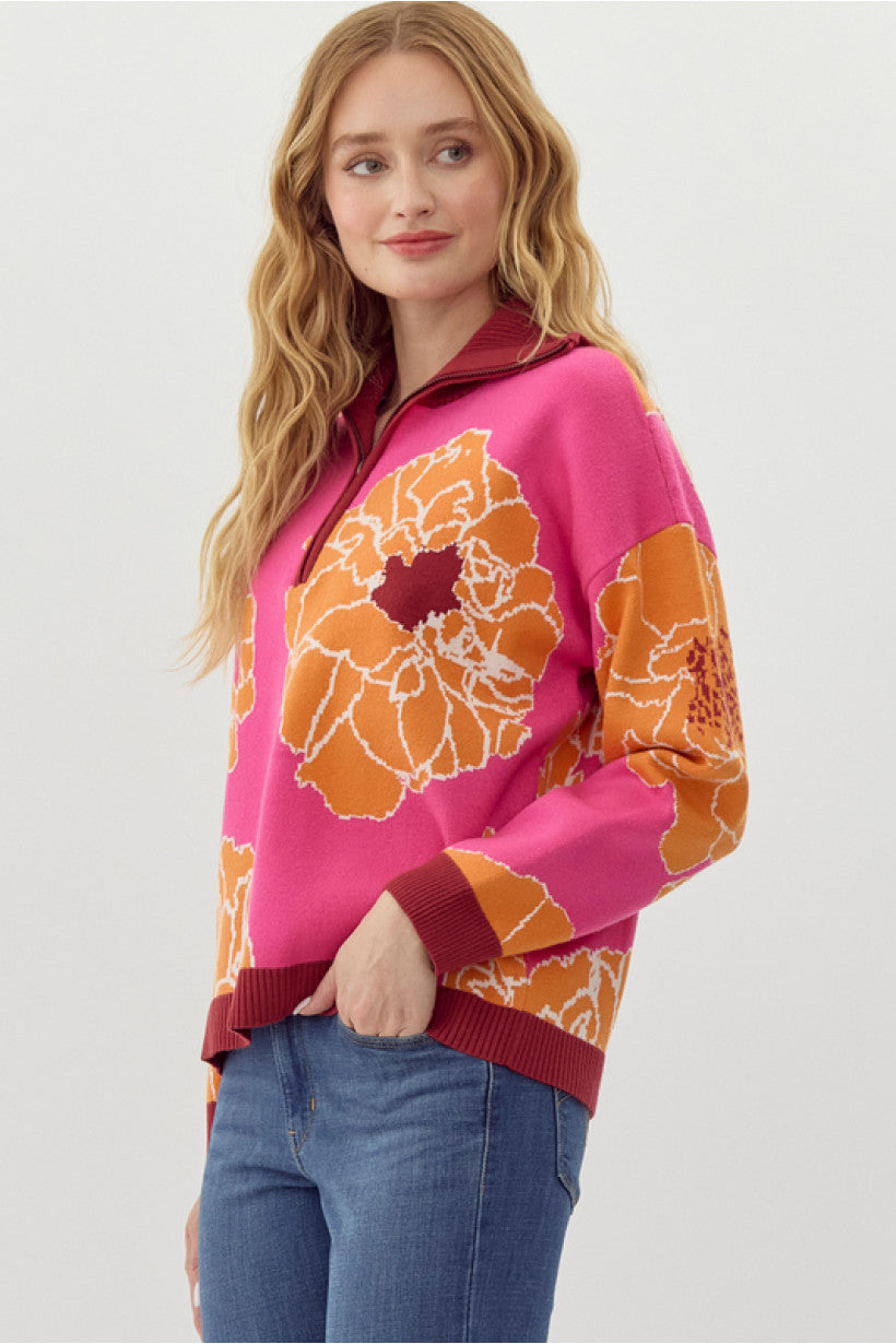 Hot Pink Floral Half Zip Pullover