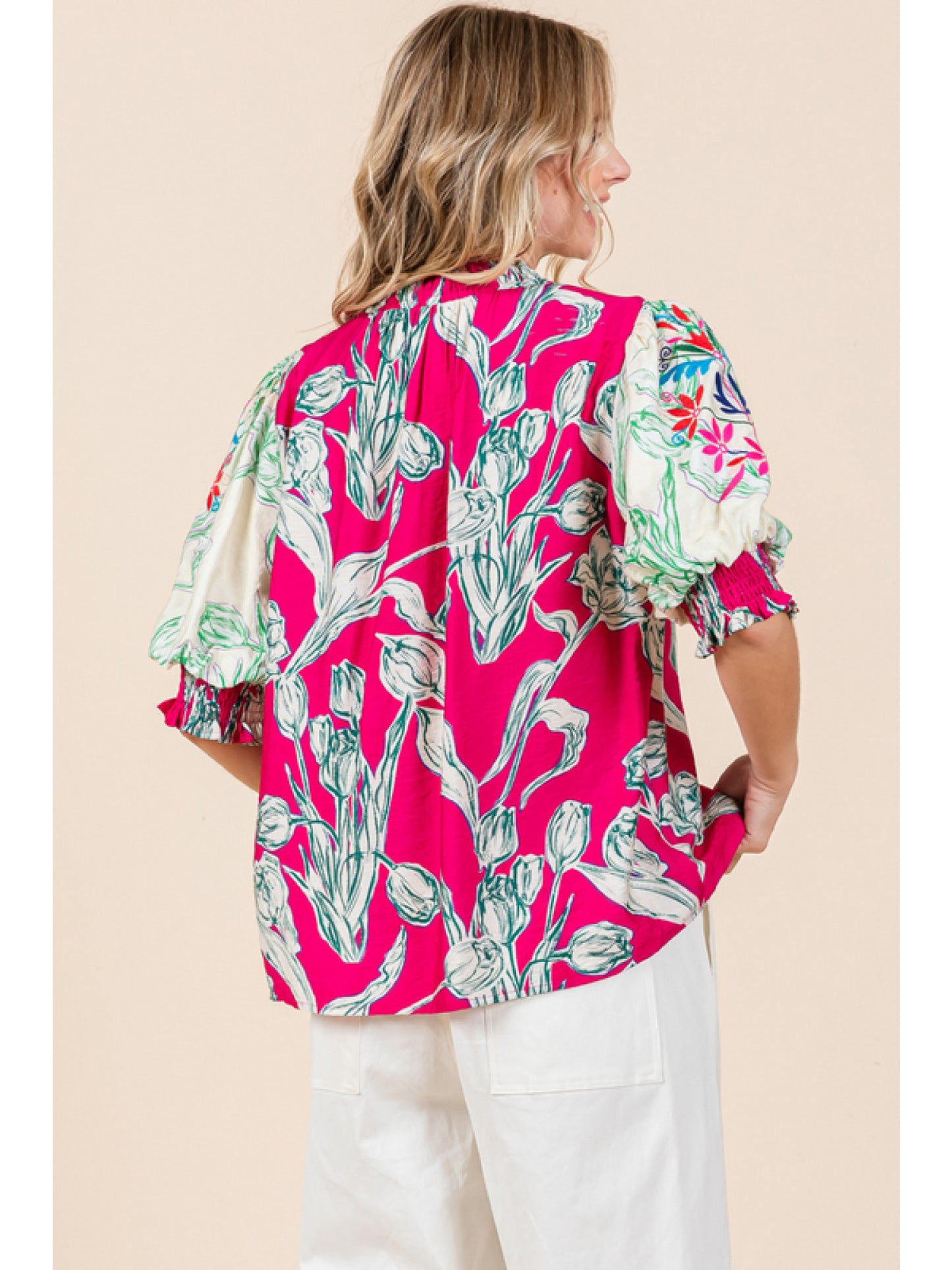 Bold Printed Embroidered Sleeve High Neck Blouse