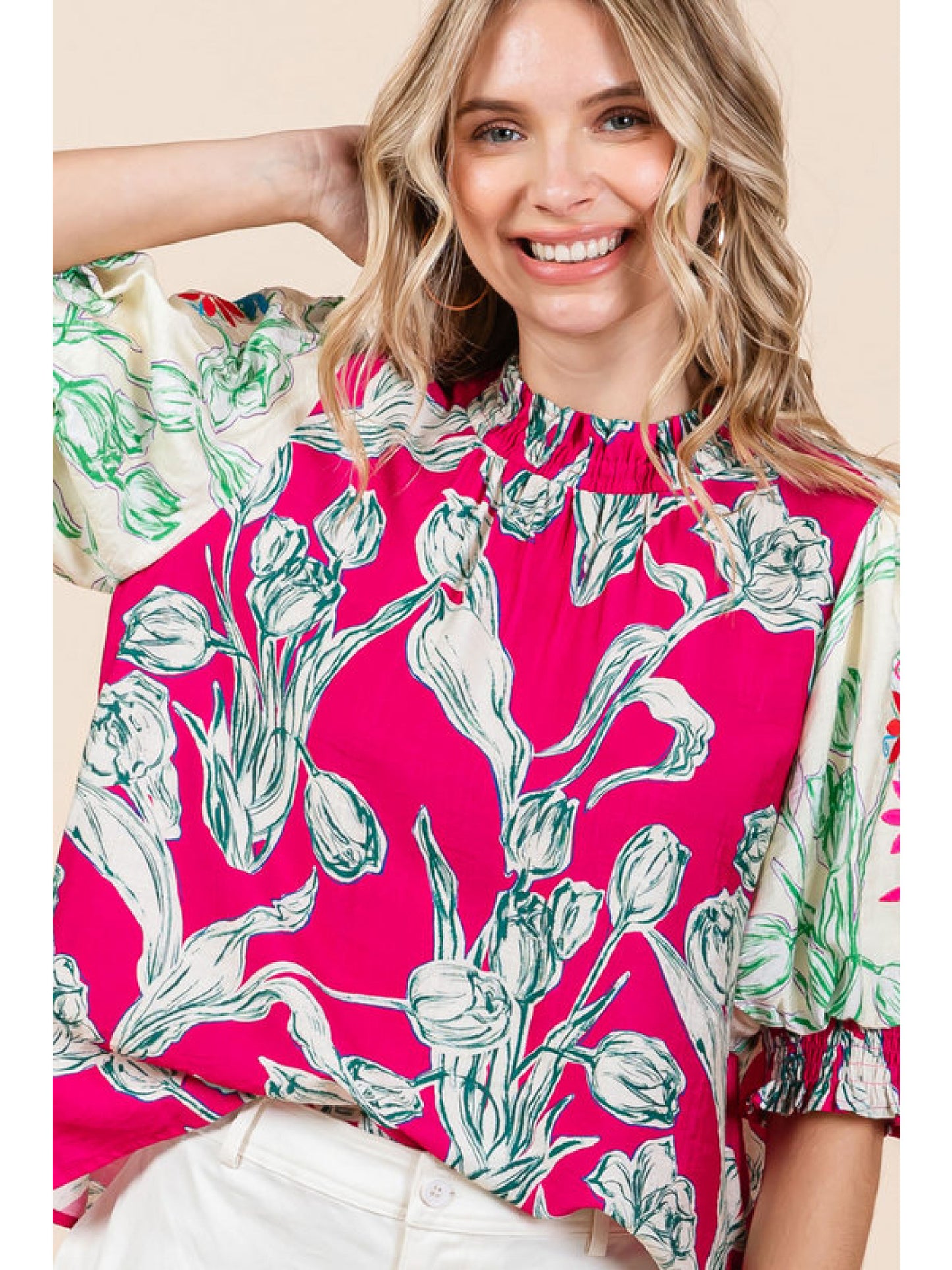 Bold Printed Embroidered Sleeve High Neck Blouse