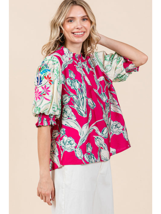 Bold Printed Embroidered Sleeve High Neck Blouse