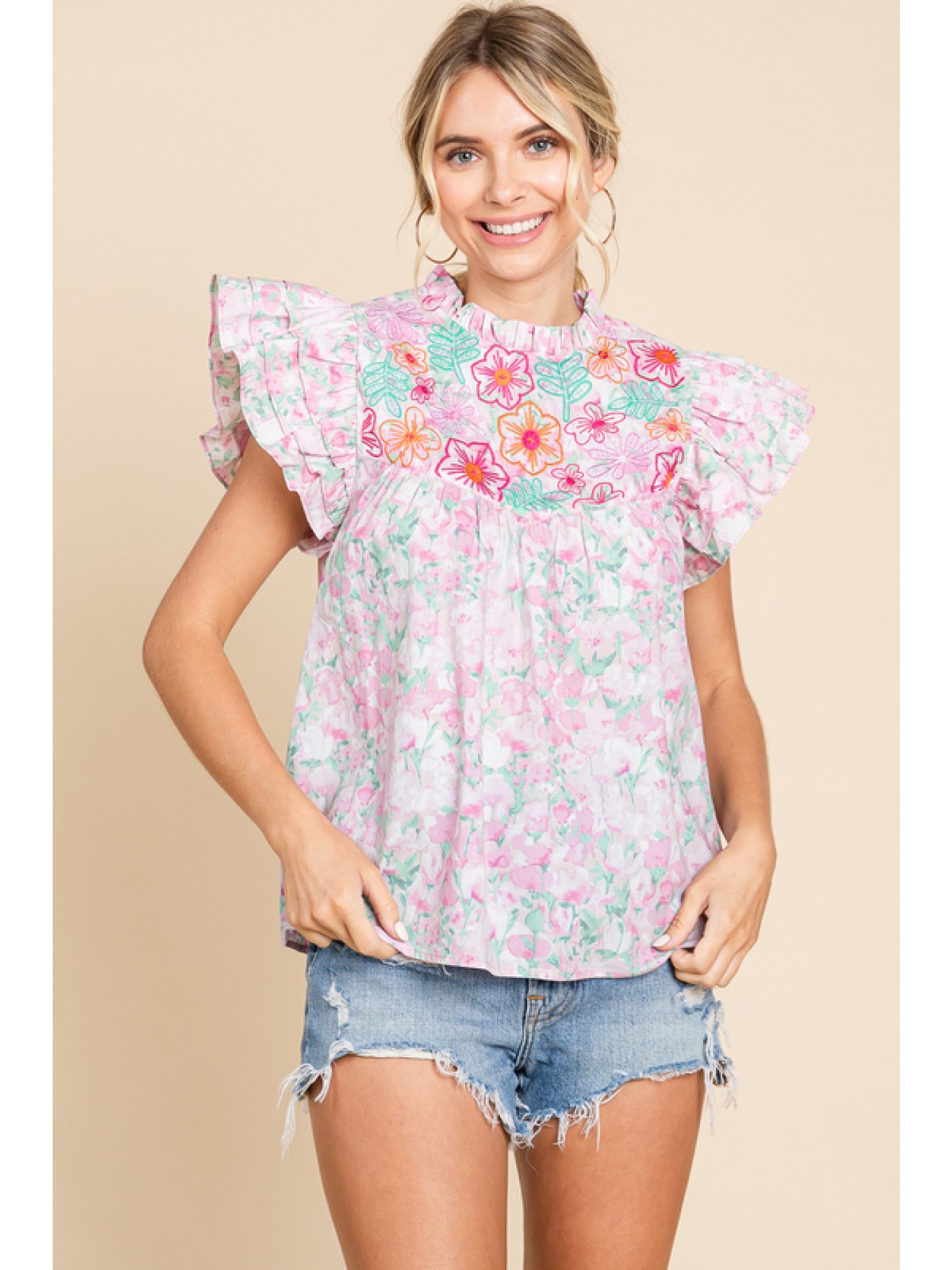 Frilled Sleeve and Embroidered Top