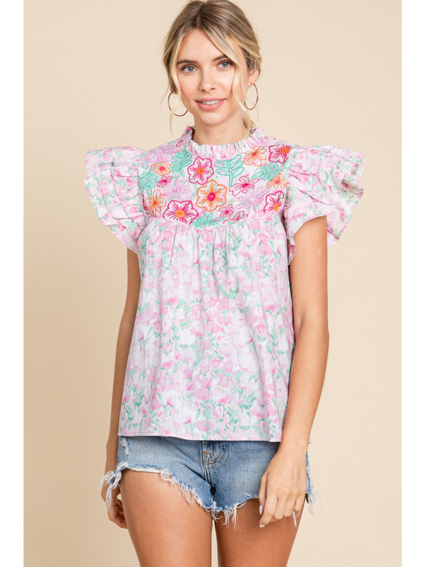 Frilled Sleeve and Embroidered Top