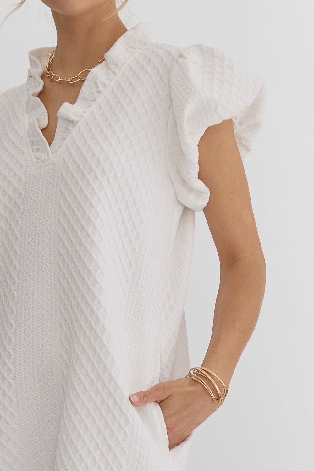 Textured White Bubble Sleeve Dress