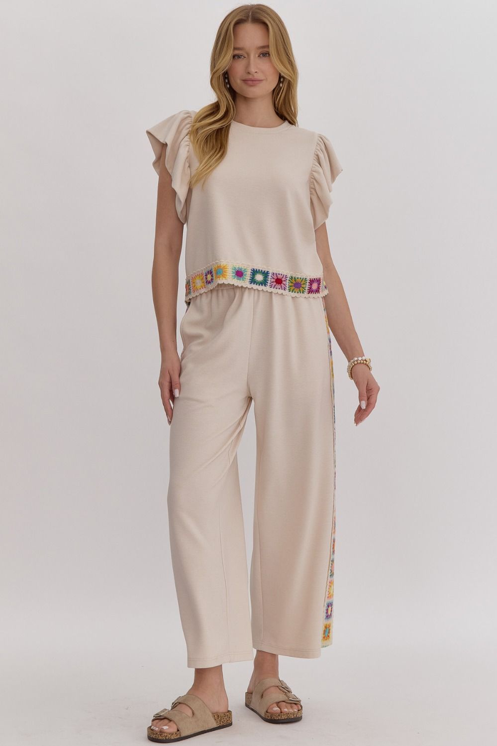 Embroidered Ribbed Flutter Sleeve Top