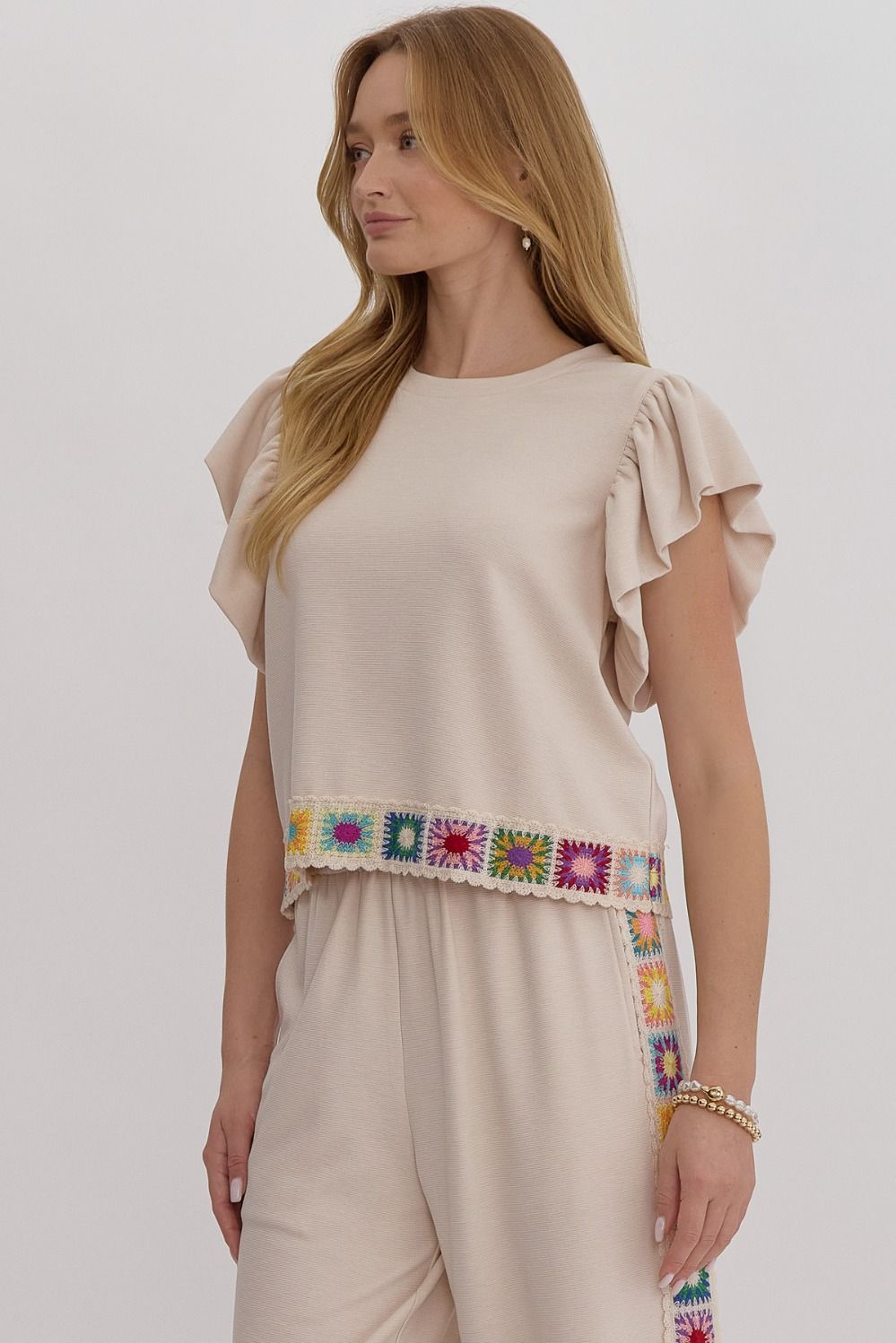 Embroidered Ribbed Flutter Sleeve Top
