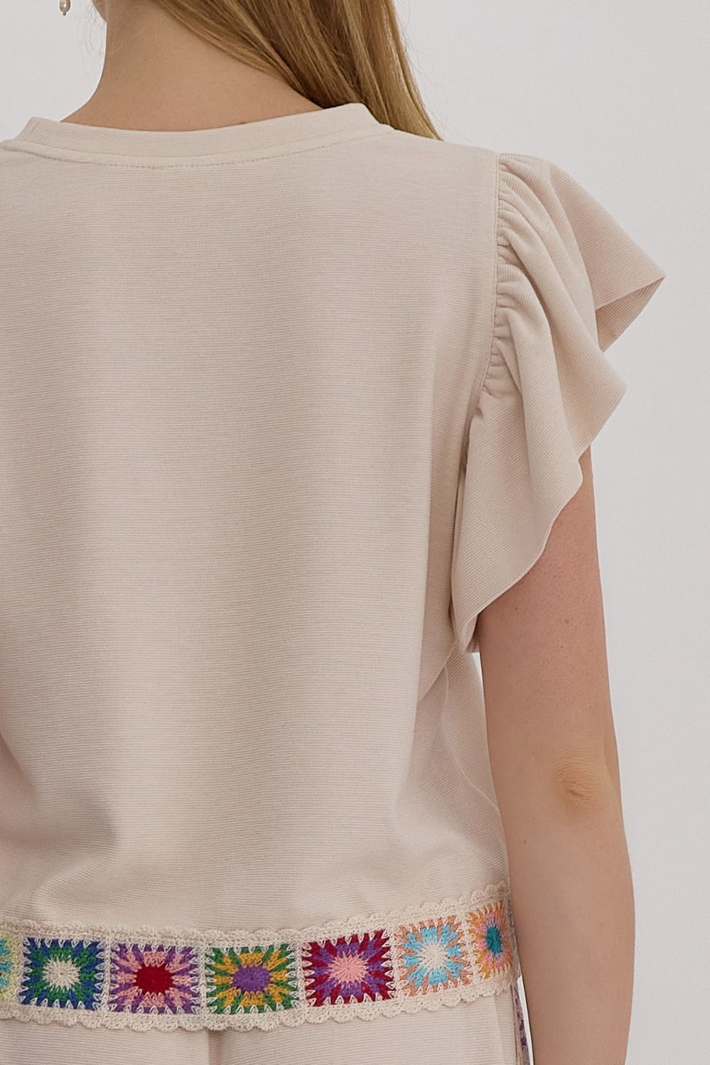 Embroidered Ribbed Flutter Sleeve Top