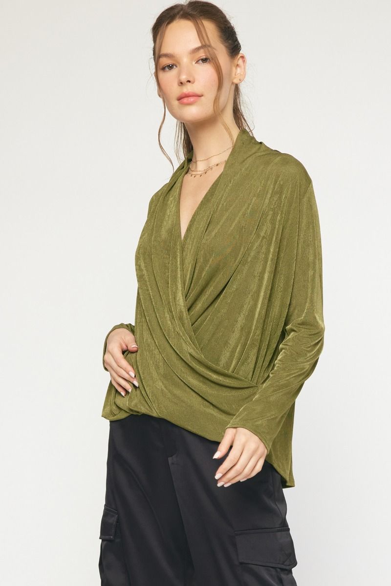 Drape Neck Olive Long Sleeve Top