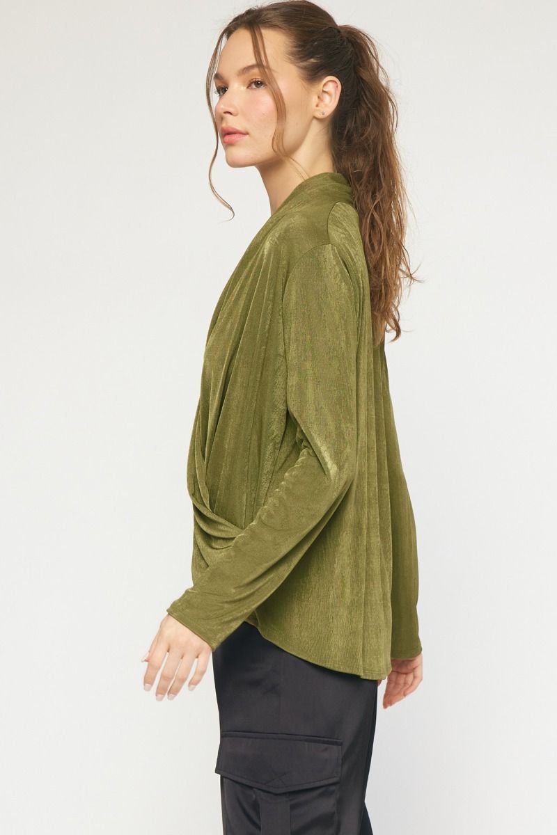 Drape Neck Olive Long Sleeve Top
