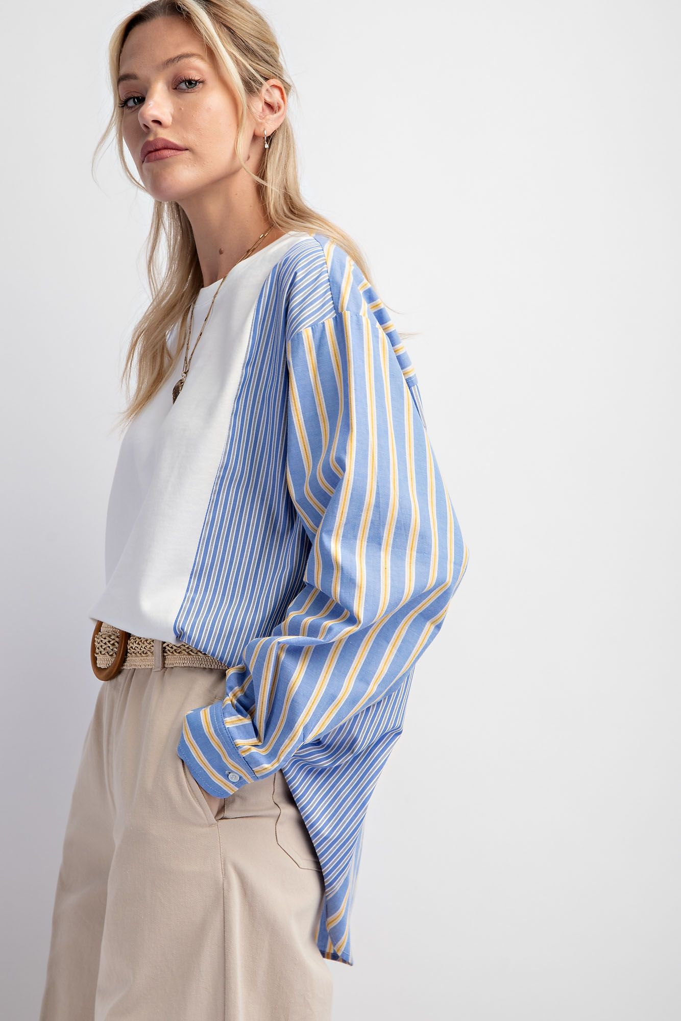 Striped Cotton Voile Mix Knit Top