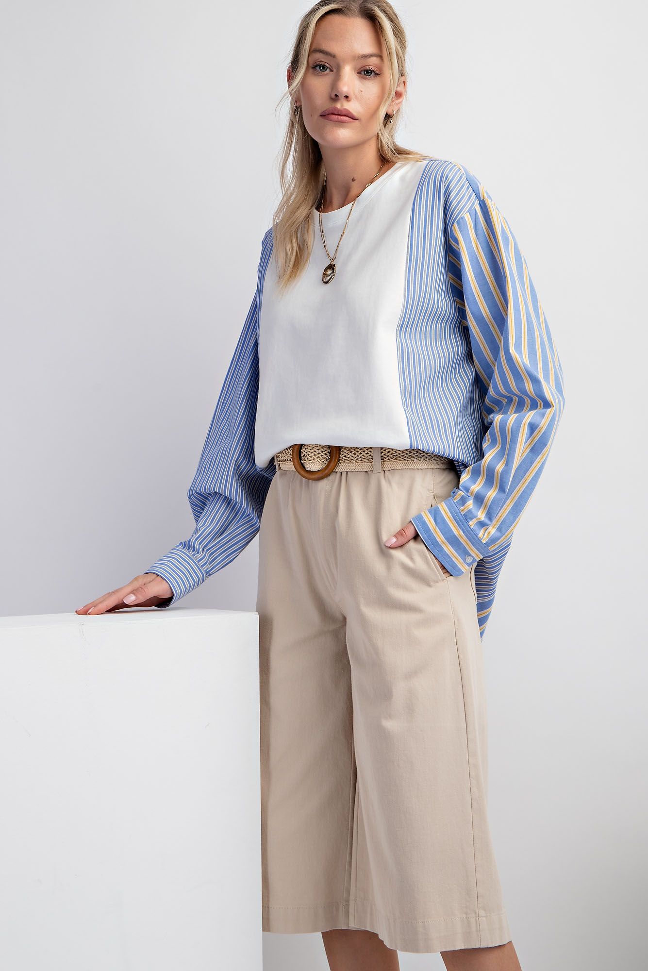 Striped Cotton Voile Mix Knit Top