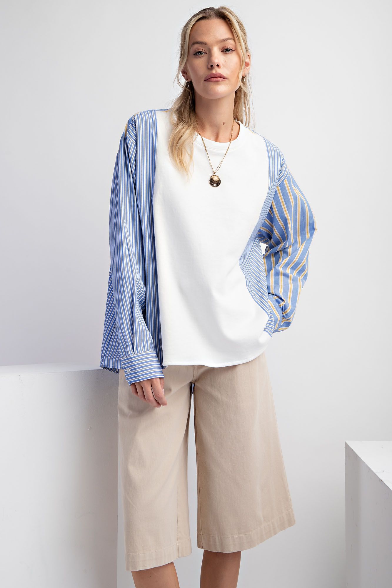Striped Cotton Voile Mix Knit Top