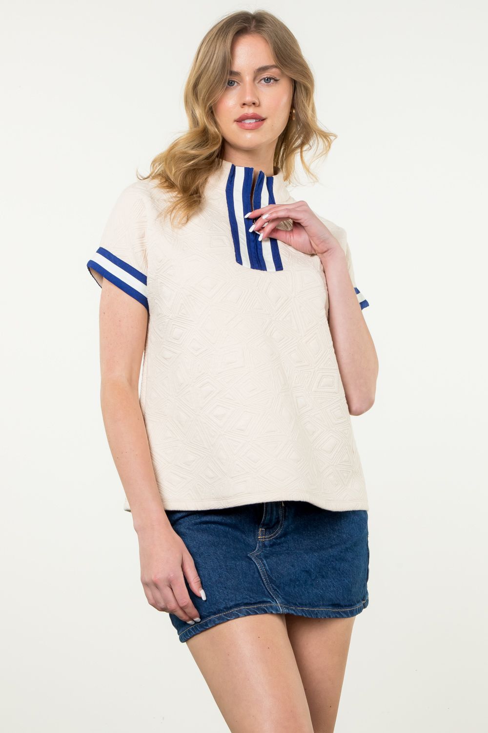 Cream + Blue Half Zip Textured Top