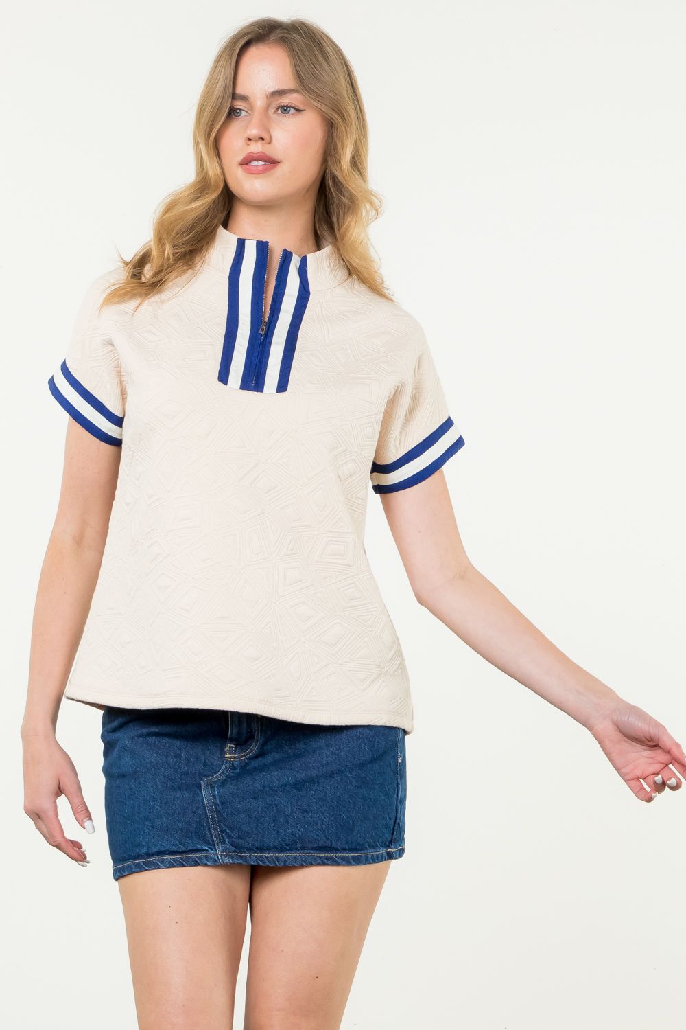 Cream + Blue Half Zip Textured Top