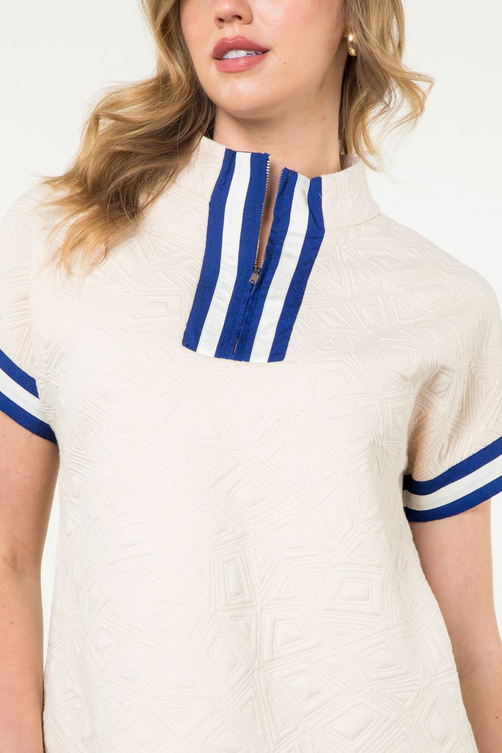 Cream + Blue Half Zip Textured Top