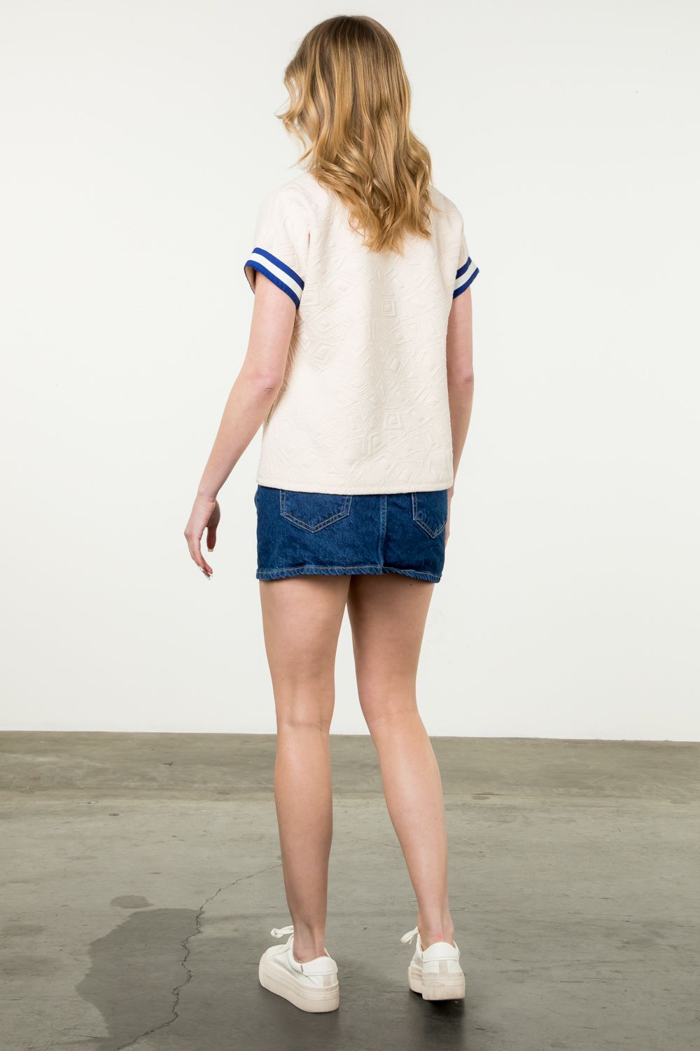 Cream + Blue Half Zip Textured Top