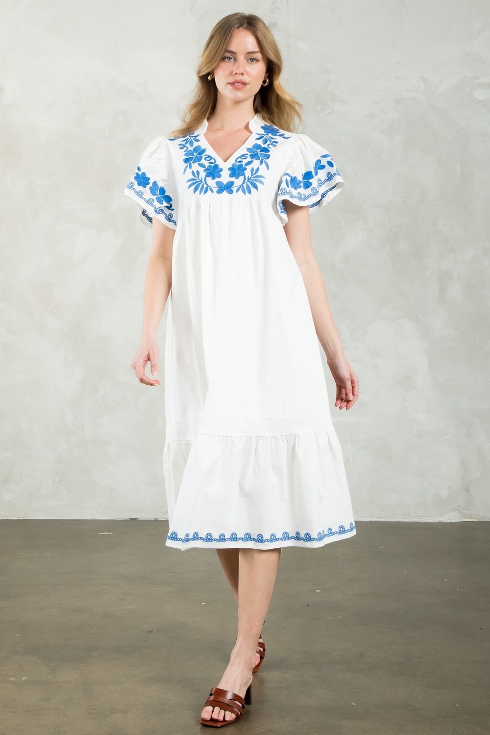 Blue + White Embroidered Midi Dress