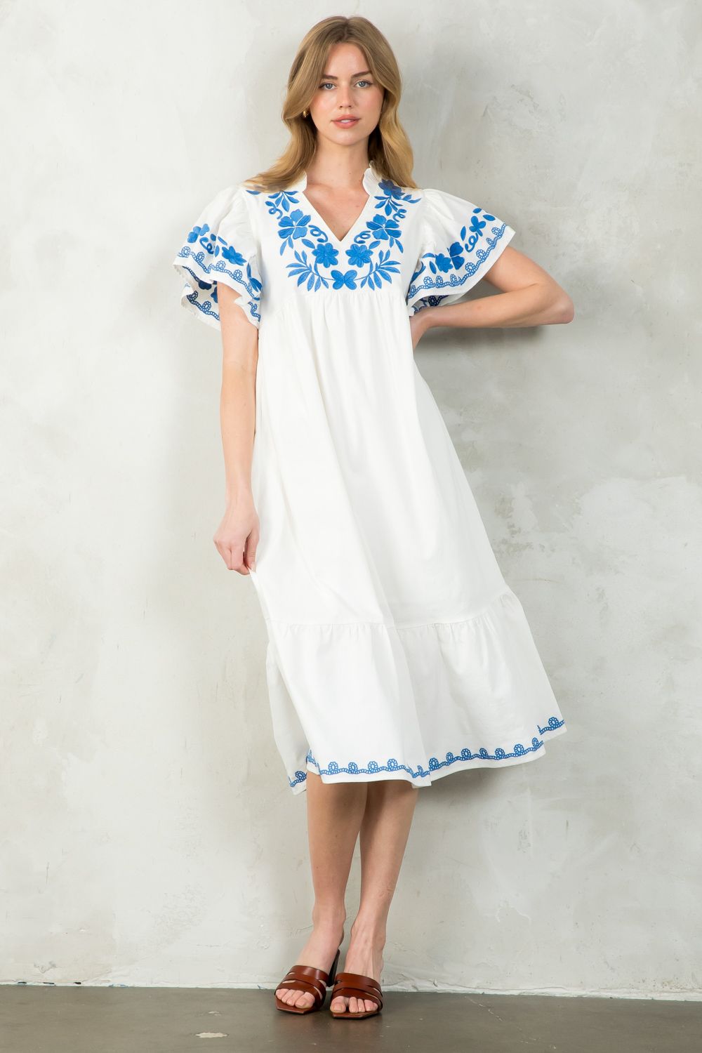 Blue + White Embroidered Midi Dress
