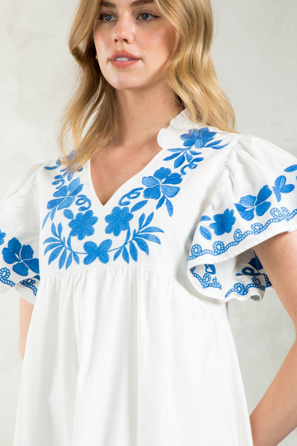 Blue + White Embroidered Midi Dress
