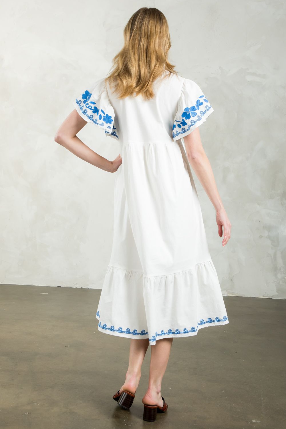 Blue + White Embroidered Midi Dress