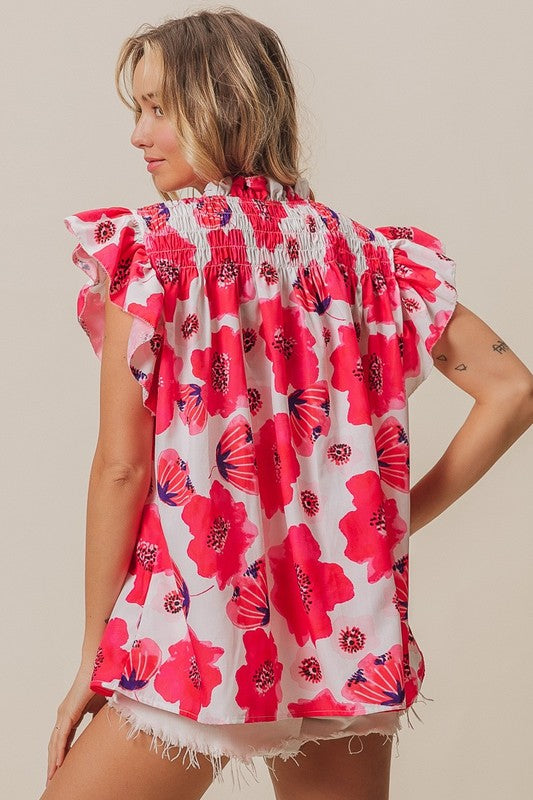 Fuchsia Floral Flutter Sleeve Button Down